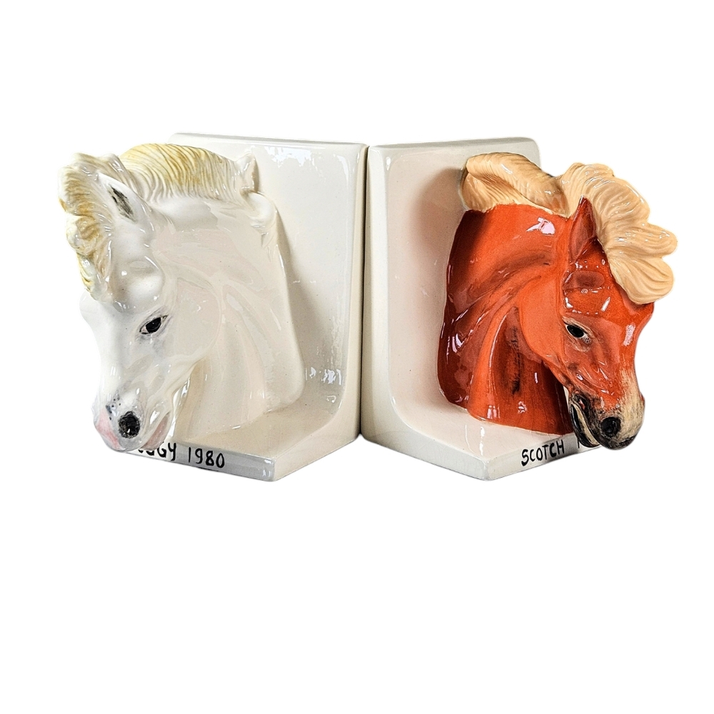 Vintage Art Studio Ceramic Horse Head Bust Bookend Set Hand Painted